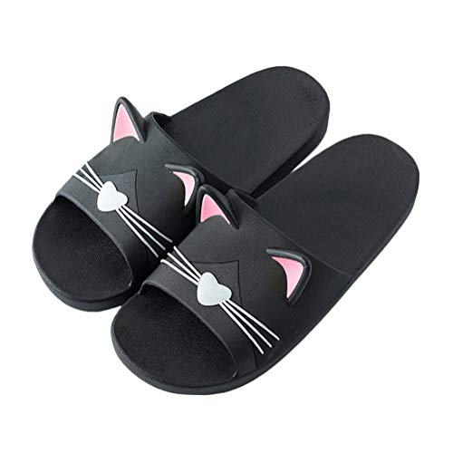 Minetom Unisex Badeschuhe Flip Flop Zehentrenner rutschfest Pantoffeln Sandalen Badezimmer Flache Süße Katze Strand Home Slippers für Herren Damen Schwarz Rosa 37/38 EU von Minetom