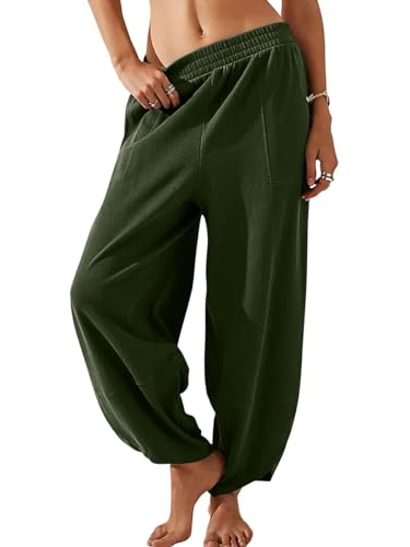 Minetom Yogahose Damen Lang Haremshose Sport Yoga Hose Curvy Jogginghose Oversize Pluderhosen Freizeithose Sporthosen Mit Taschen Sommerhose A Grün L von Minetom