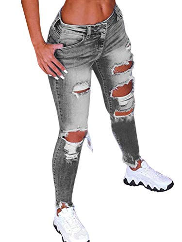 Minetom Zerrissene Jeans Damen Jeans Hosen Freizeit Schlanke Leggings Gerade Hosen Stretch Skinny Jeans Denim Hosen Bleistift Hosen Mit Löchern B Grau S von Minetom