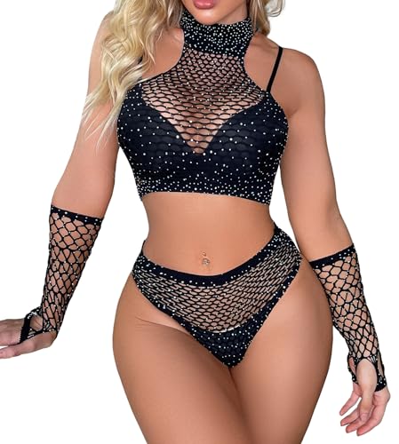 Mingnos Damen Fischnetz Dessous Set Aushöhlen Netz Babydoll Funkelnder Strass Chemise Rave Outfits mit Handschuhen Schwarz One Size von Mingnos