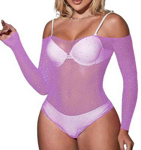 Mingnos Damen Lange Ärmel Fischnetz Body Off Shoulder Sparkle Strass Einteilig Körper Anzüge Netz Teddy Dessous Bodysuit Lila von Mingnos