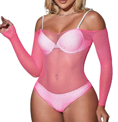 Mingnos Damen Lange Ärmel Fischnetz Body Off Shoulder Sparkle Strass Einteilig Körper Anzüge Netz Teddy Dessous Bodysuit Pflaumenrot von Mingnos