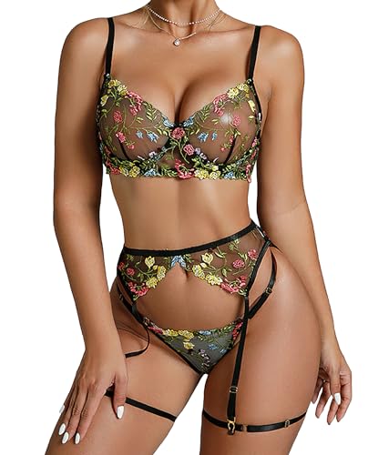 Mingnos Floral Stickerei Dessous Set für Damen Sexy Underwire BH und Schiere Tanga mit Strumpfband Gürtel Schwarz, XL von Mingnos