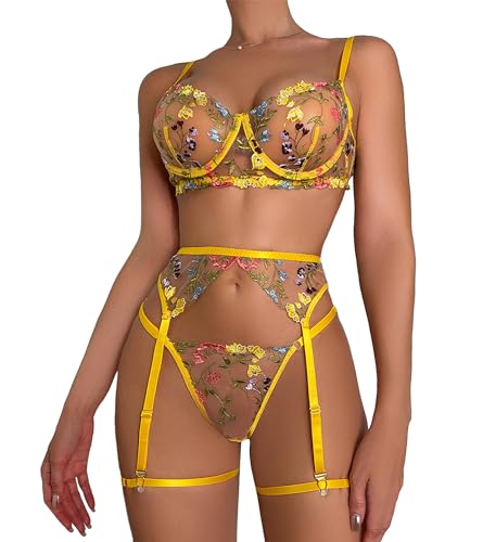 Mingnos Floral Stickerei Dessous Set für Damen Sexy Reizwäsche Bügel BH und G-String mit Strumpfband Gürtel Gelb, M von Mingnos