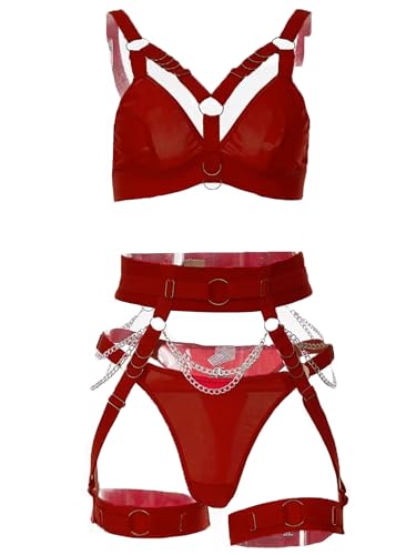 Mingnos Strapsen Dessous Sets für Damen Sexy Reizwäsche Unterwäsche Strumpfband Gürtel Rave Outfit Bügel BH und Panty mit Kette 3pc Weinrot, S von Mingnos