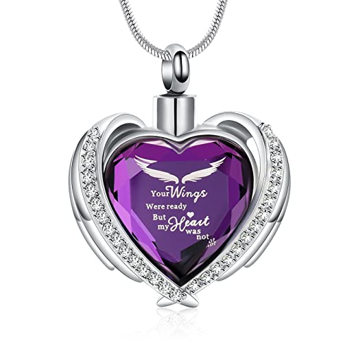 Minicremation Einäscherungsschmuck für Asche Anhänger - Kristall Herz Urne Halskette mit Mini Keepsake Urne Memorial Asche-Schmuck (Violett-Wings) von Minicremation