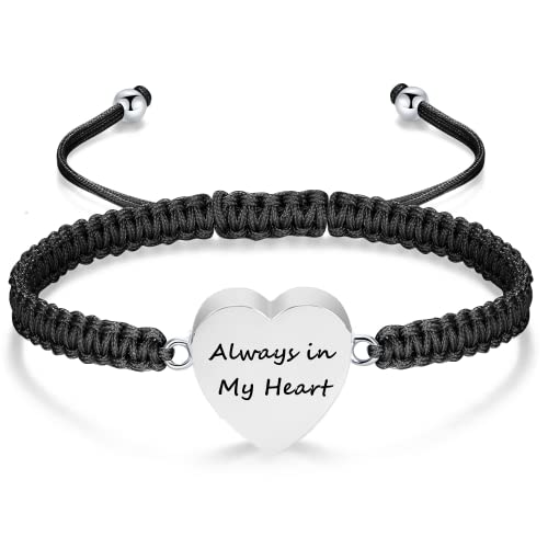 Minicremation Herz-Urnen-Armband für Asche, Always in My Heart, Andenken-Armreif für Frauen, verstellbares Seil-Einäscherungsarmband (Silber) von Minicremation