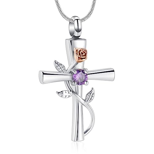 Minicremation Kreuz Urne Halskette für Asche Birthstone Rose Blume Kremation Schmuck für Frauen Gilrs Keepsake Memorial Asche Anhänger (Lila) von Minicremation