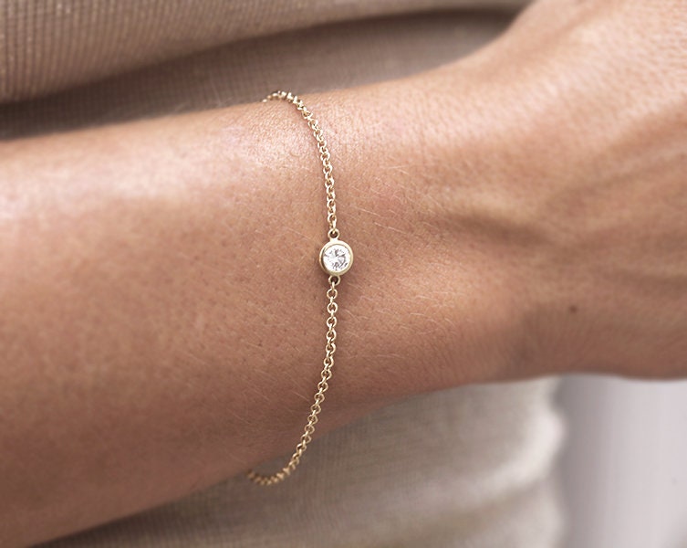 Diamant Armband, Solitär 14K 18K Solide Gold Einfaches Jahrestag Geschenk Für Sie von MinimalVS