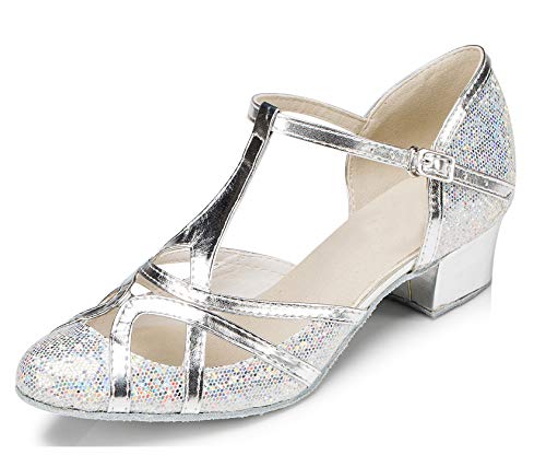 Minishion Damen T-Strap Dance Heels Glitter Salsa Ballroom Schuhe, Silberfarbener 3,5 cm Absatz, 40 EU von Minishion