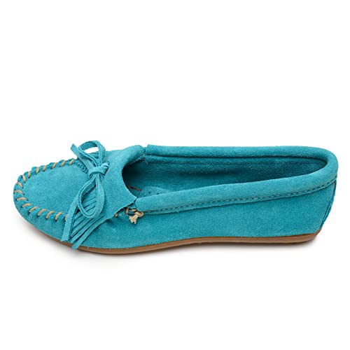 Minnetonka Kilty Damen-Mokassins, Blau - Brown Suede/Arizona Fabric - Größe: 37 von Minnetonka