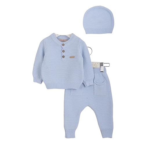 Minora Baby Winter Kleidungs Set | Hose, Pullover und Mütze für Jungen und Mädchen | Langarm Tops und Hose Sweatsuit Outfits Kleidung | Oberteile und Hosen | Blau - mit Taschen | 6-9 Monate von Minora