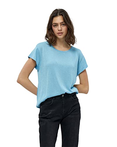 Minus Carlina Runden Hals Cap Ärmel Metallisch Stricken T-Shirt | Tshirt Damen In Blau | Frühling Bluse Damen | Größe M von Minus