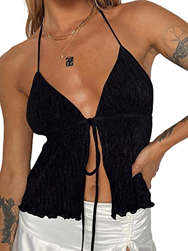 Damen Neckholder-Top zum Schnüren, Y2K, vorne offen, schmale Passform, Weste, Sommer-Bandage, rückenfrei, ärmellos, Streetwear, A-schwarz, M Damen Neckholder-Top zum Schnüren, Y2K, vorne offen, schmale Passform, Weste, Sommer-Bandage, rückenfrei, ärmellos, Streetwear, A-schwarz, M von Miolasay