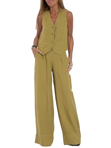 Damen-Outfit aus Baumwollleinen, 2-teilig, lässig, ärmellos, Blazer, Weste, weites Bein, Hosen-Set, Business-Anzüge für Arbeit, Büro, A-Hellgelb, L Damen-Outfit aus Baumwollleinen, 2-teilig, lässig, ärmellos, Blazer, Weste, weites Bein, Hosen-Set, Business-Anzüge für Arbeit, Büro, A-Hellgelb, L von Miolasay