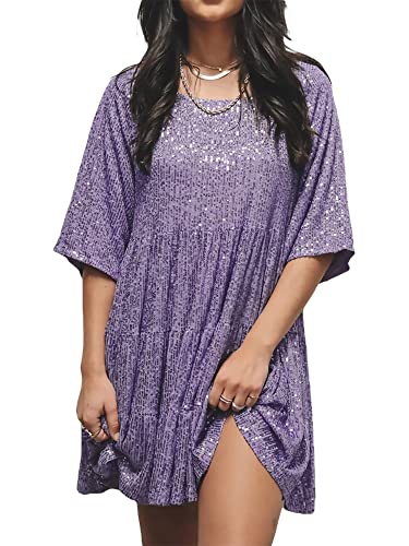 Damen Glitzer-Pailletten-Hemdkleid, Rundhalsausschnitt, kurze Ärmel, Pailletten-Kleid, Babydoll, glitzernd, gestuft, Minikleid, Party, Clubwear, A-purple, 36 Damen Glitzer-Pailletten-Hemdkleid, Rundhalsausschnitt, kurze Ärmel, Pailletten-Kleid, Babydoll, glitzernd, gestuft, Minikleid, Party, Clubwear, A-purple, 36 von Miolasay