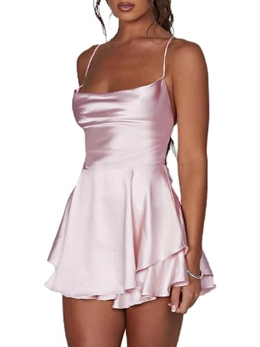 Frauen Rückenfrei Kurz Strampler Satin Kleid Sexy Wasserfallausschnitt Kurze Jumpsuits Krawatte Rüschen Schicht Spaghetti Strap Minikleid, A-Pink, 38 von Miolasay