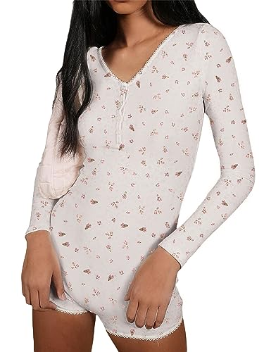 Miolasay Damen Y2K Kurzarm-Body Jumpsuit Strampler Einteiler Bodycon Shorts Jumpsuit Blumendruck Teddy Pyjama, A - Pink Floral, 38 von Miolasay