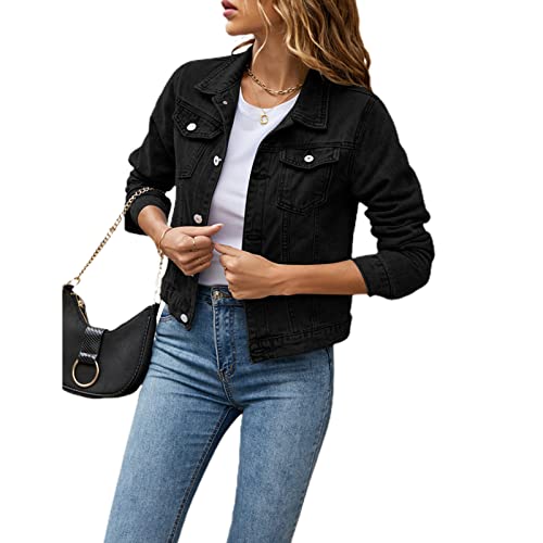 Miolasay Frauen Einfarbig Denim Jacke Mantel Oversize Langarm Basic Button Down Jeans Jacke mit Taschen Streetwear, Schwarz , 36 von Miolasay