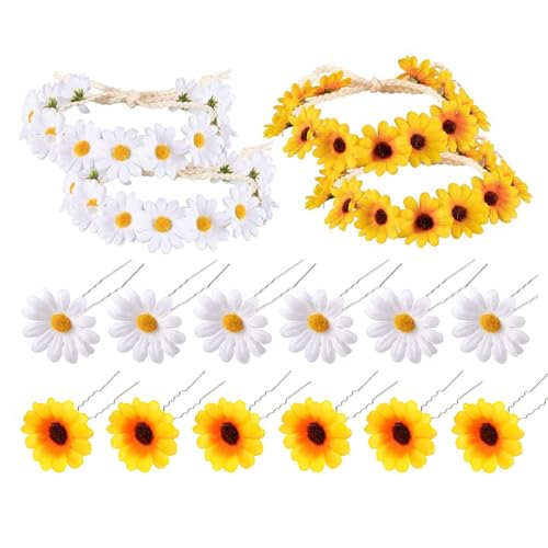 4 Stück Blumen Haarband, Damen Mädchen Haarschmuck Blumen mit 12 Haargabeln Sonnenblumen Stirnband Weißes und Gelbes Gänseblümchen-Blumen-Stirnband für Festival, Party, Hochzeit von Mirrwin