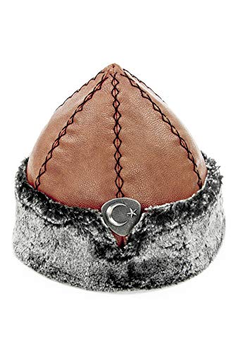 Miss Tesettür Turkish Ottoman Bork Hut, Ertugrul Leder Pelz-Winter-Cap, Mond und Stern, Grau-Pelz-und braunes Kunstleder von Miss Tesettür