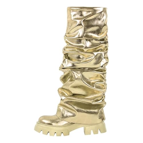 MissHeel Damen Plateau Stiefel Elastischer Stiefel mit Metallic Farbe Gold 35 EU von MissHeel