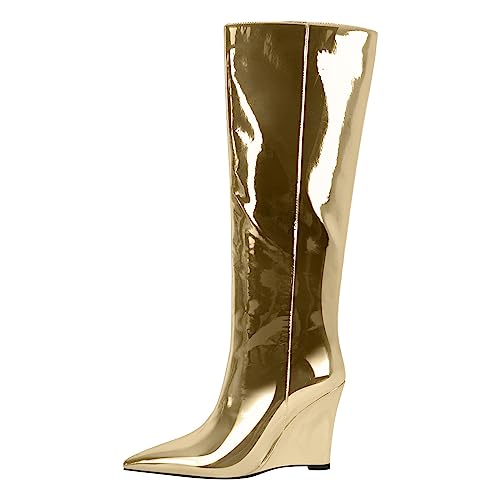 MissHeel Keilabsatz Kniehohe Stiefel High Heels Metallische Langschaftstiefel Overknee Wedges Glitter Gold EU 42 von MissHeel