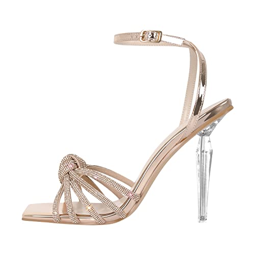 MissHeel Sandaletten mit Pfennigabsatz Knöchelriemchen Absatzschuhe verzierte Knoten Fliege High Heels Stilettos Gold EU 39 von MissHeel