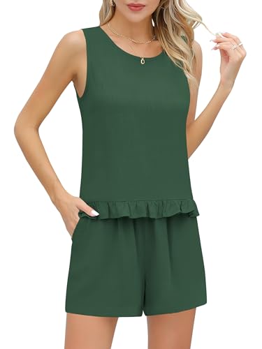 Missufe 2 Teiler Schlafanzug Kurze Hose Damen Leinen Pyjama Set Ärmelloses Tanktop und Shorts Sommer Nachtwäsche Zweiteiliger lockeres Hausanzug (grün, mittel) von Missufe