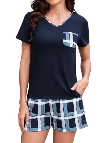 Missufe 2 Teiler Sommer Pyjama Set Damen Top und Shorts Schlafanzug Kurze Hose Nachtwäsche Zweiteiliger Lockeres Hausanzug (Marineblau kariert, X-Large) von Missufe