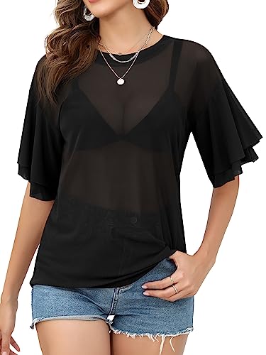 Missufe Bell Sleeve Sheer T-Shirt Tops Damen Halbarm Mesh Loose Casual Tops (Schwarz, XX-Groß) von Missufe