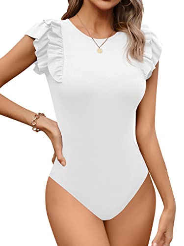 Missufe Body Damen Bodysuit Elegant Rundhals Damen Rüschen Kurzarm Top (Weiß, Groß) von Missufe