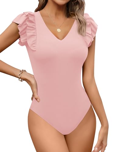 Missufe Body Elegant Kurzarm Sommer Top Damen Rüschen V Ausschnitt Oberteil (Rosa, Mittel) von Missufe