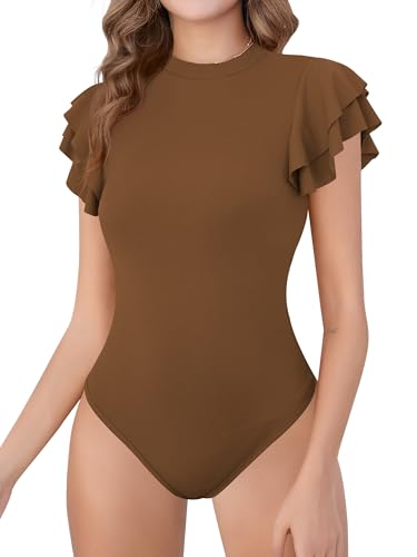 Missufe Body Oberteile Stricktop Elegant Bodysuit Damen Stehkragen Rüschen Kurzarm Top (Dunkler Kaffee, groß) von Missufe