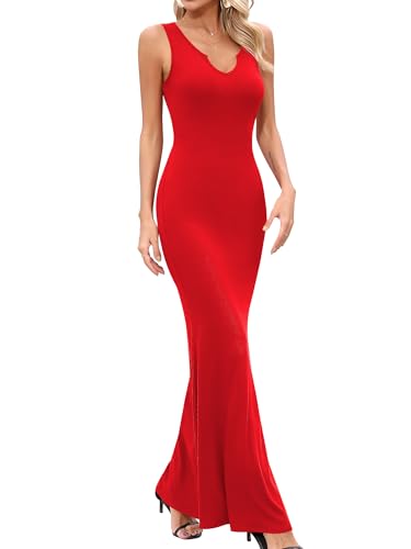 Missufe Bodycon Sommerkleid Lang V-Ausschnitt Freizeitkleid Damen Gestrickt Ärmellos Bodycon Maxikleider (Rot, X-Large) von Missufe