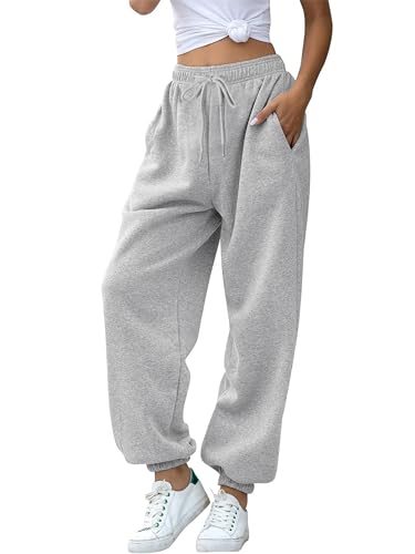 Missufe Cinch Bottom mit Taschen Sweatpants Damen Trainingshose Lang Jogginghose Freizeithose Hohe Taille Sporthose (Heidekraut Grau, X-groß) von Missufe