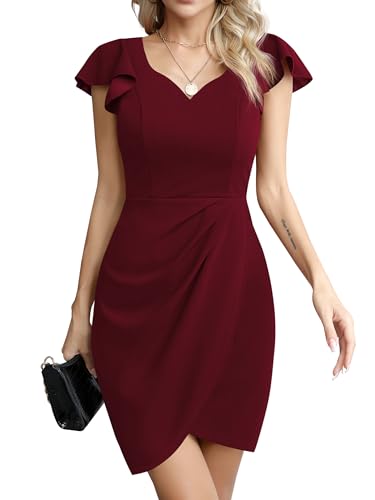 Missufe Cocktailkleid Elegant Wickelkleid Bodycon Partykleid Damen Minikleid Kurzes Kleider (Weinrot, S) von Missufe