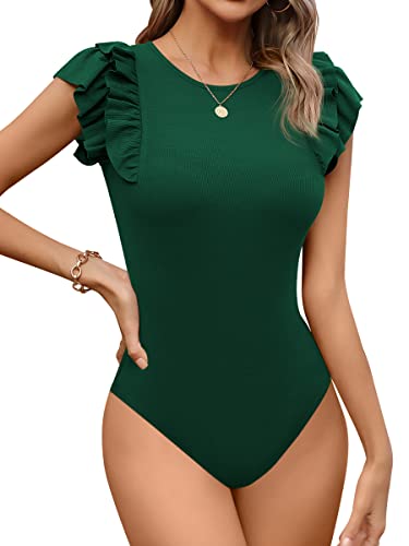 Missufe Damen Body Bodysuit Elegant Top Damen Body Rundhals Rüschen Kurzarm (Dunkelgrün, X-Klien) von Missufe