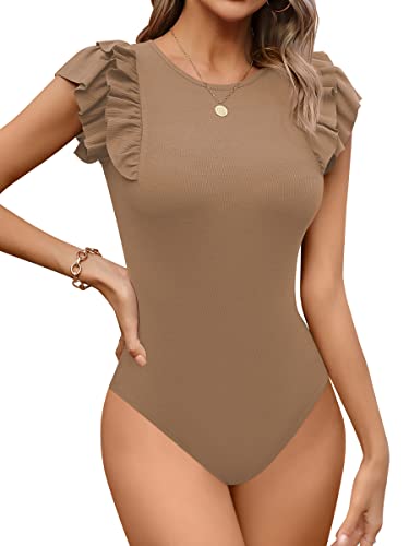 Missufe Damen Body Bodysuit Elegant Top Damen Body Rundhals Rüschen Kurzarm (Khaki, X-Groß) von Missufe