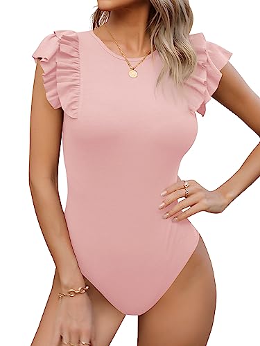 Missufe Damen Body Bodysuit Elegant Top Damen Body Rundhals Rüschen Kurzarm (PinkRosaXX-groß) von Missufe