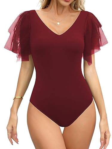 Missufe Elegant Body Kurzarm Mesh Oberteil Damen V Ausschnitt Sommer T Shirt Top (Burgunderrot, X-Large) von Missufe