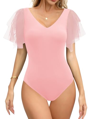 Missufe Elegant Body Kurzarm Mesh Oberteil Damen V Ausschnitt Sommer T Shirt Top (Rosa, groß) von Missufe