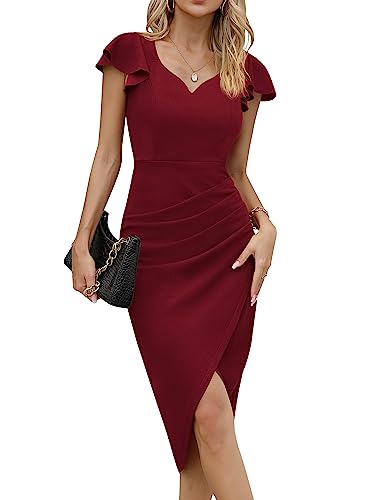 Missufe Elegant Cocktailkleid Bodycon Wickelkleid Midikleid Damen Partykleid Sommerkleid Vintage Rüschenkleid Kleider (Burgunderrot, XX-groß) von Missufe