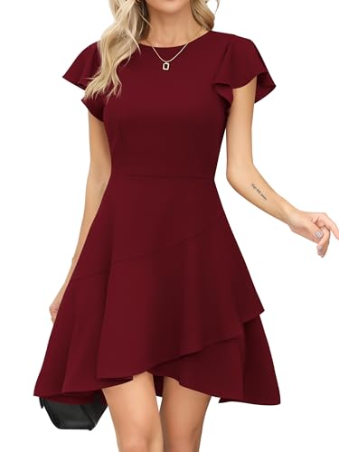 Missufe Flatterärmel Cocktailkleid Rundhalsausschnitt Rüschen Partykleid Damen A Linien Abendkleid Skater Kurz Kleider (Burgunderrot, Mittel) von Missufe