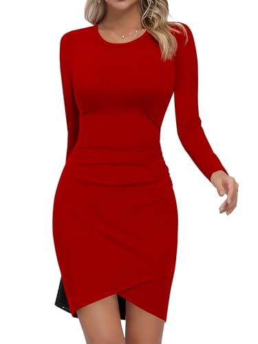 Missufe Kurzes Bodycon T Shirt Kleider Damen Minikleid Elegant Basic Enges Langarm Freizeitkleid (Rot, groß) von Missufe