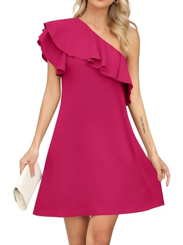 Missufe Minikleid Rüschen One Shoulder Freizeitkleider Damen Sommer Asymmetrische Schulterfrei Kurzes Kleid (Rosenrot, X-groß) von Missufe