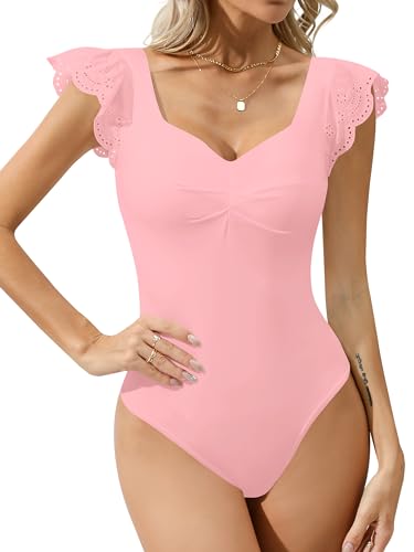 Missufe Sommer Elegant Kurzarm Body Tops Damen Quadratischer Hals Oberteile (Rosa, groß) von Missufe