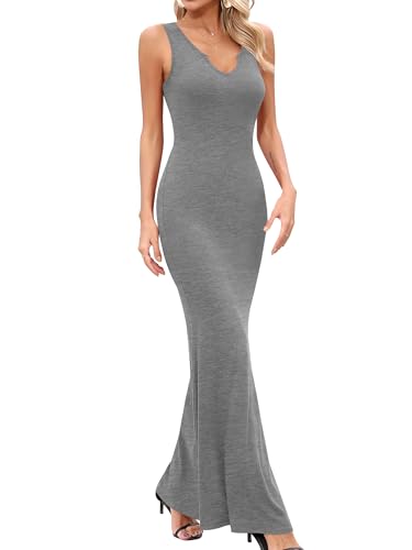 Missufe Sommerkleid Gestrickt Ärmellos Lang Maxikleider Damen Bodycon V-Ausschnitt Freizeitkleid (Heather Grey, groß) von Missufe