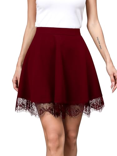 Missufe Sommerrock Röcke A-Linie Spitze Minirock Damen Skater Skirt mit Hoher Taille (Weinrot, X-Large) von Missufe