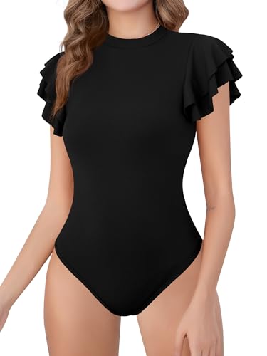 Missufe Stehkragen Elegant Rüschen Kurzarm Bodysuit Damen Body Oberteile Stricktop (schwarz, X-groß) von Missufe